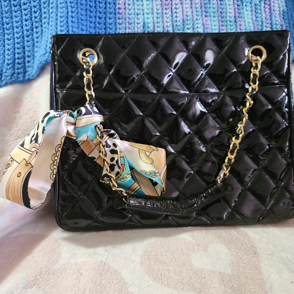COA Vintage Black Quilted Patent Leather Chanel Tote.